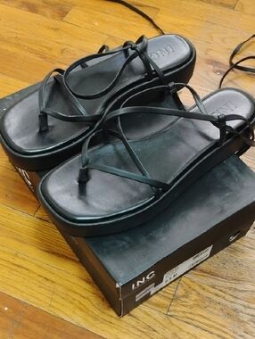 INC International Concepts Black Strappy Platform Sandals with Ankle Tie